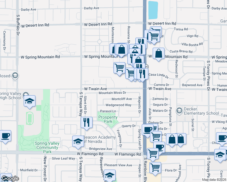 map of restaurants, bars, coffee shops, grocery stores, and more near 7129 Mountain Moss Drive in Las Vegas