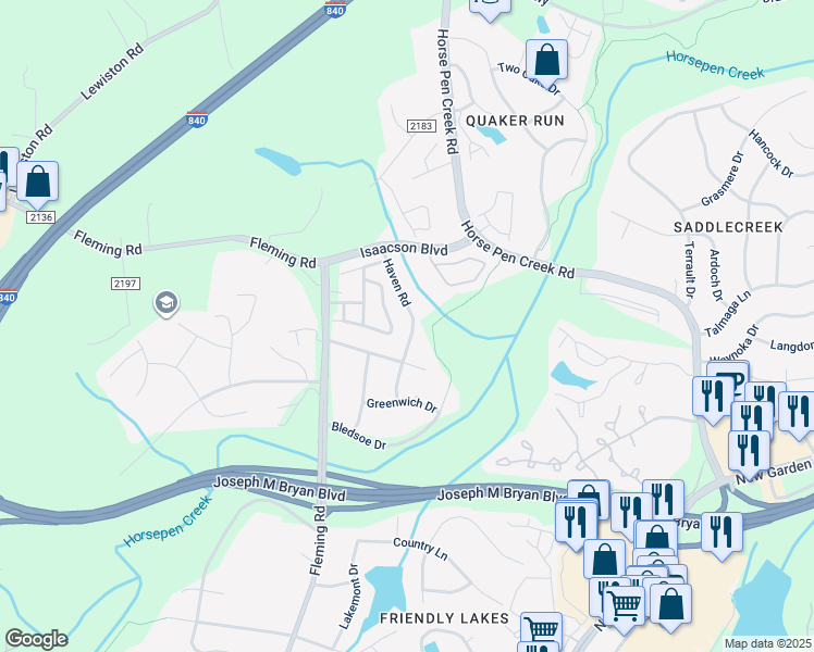 map of restaurants, bars, coffee shops, grocery stores, and more near 1917 Haven Road in Greensboro