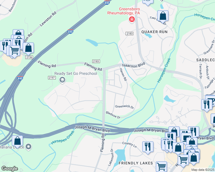 map of restaurants, bars, coffee shops, grocery stores, and more near 5646 David Christian Place in Greensboro