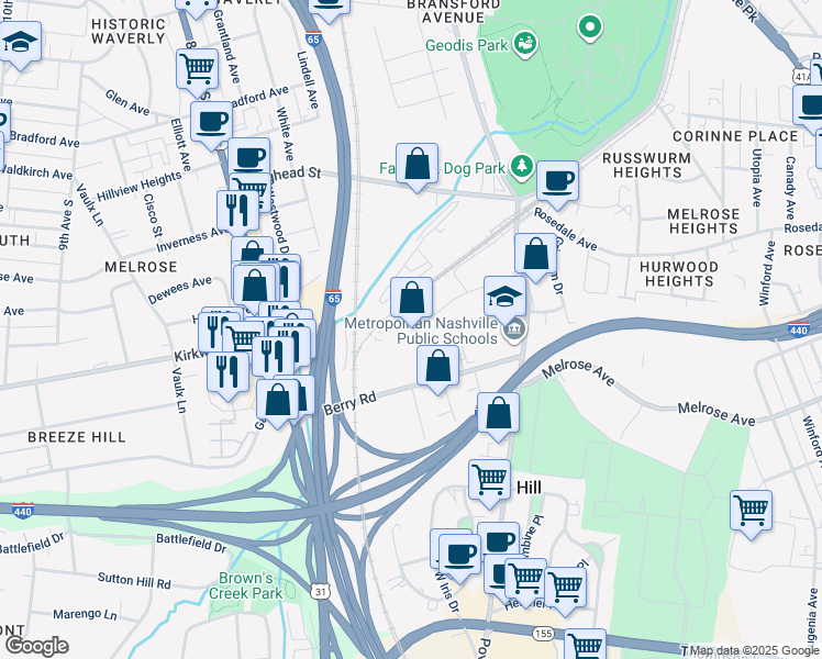 map of restaurants, bars, coffee shops, grocery stores, and more near 2602 Fessey Park Road in Berry Hill