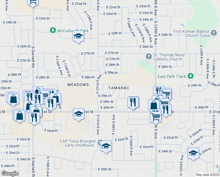 map of restaurants, bars, coffee shops, grocery stores, and more near 2918 South 123rd East Avenue in Tulsa