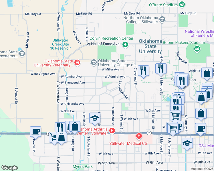 map of restaurants, bars, coffee shops, grocery stores, and more near 1724 West Sunset Avenue in Stillwater