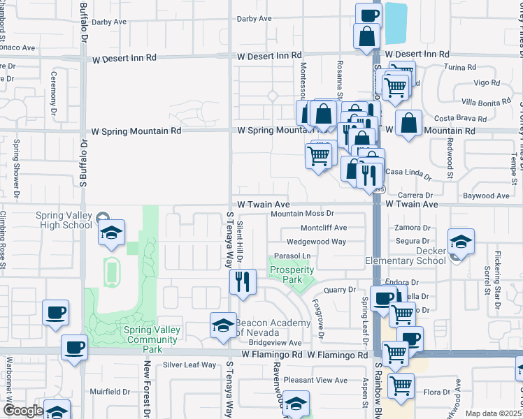 map of restaurants, bars, coffee shops, grocery stores, and more near 7230 Mountain Moss Drive in Las Vegas