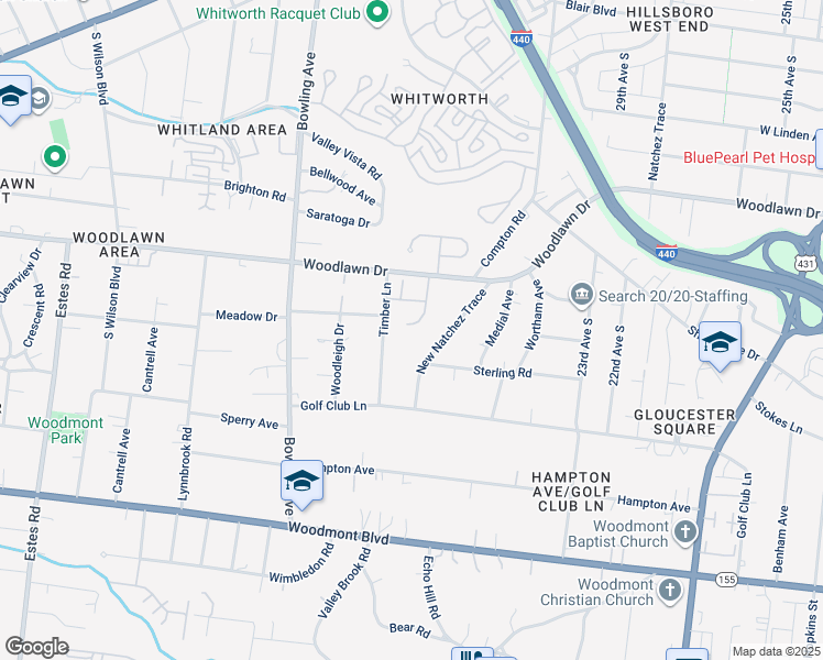map of restaurants, bars, coffee shops, grocery stores, and more near 652 Timber Lane in Nashville