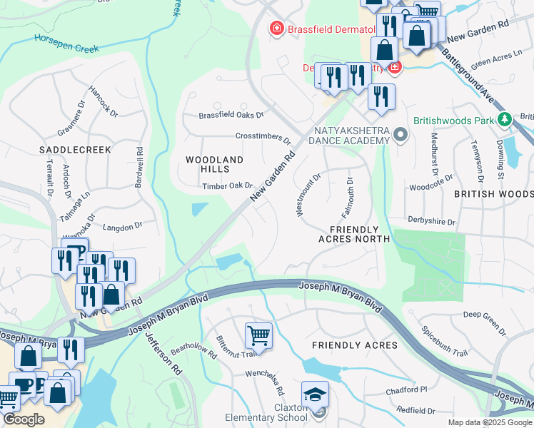 map of restaurants, bars, coffee shops, grocery stores, and more near 1909 Strathmore Dr in Greensboro