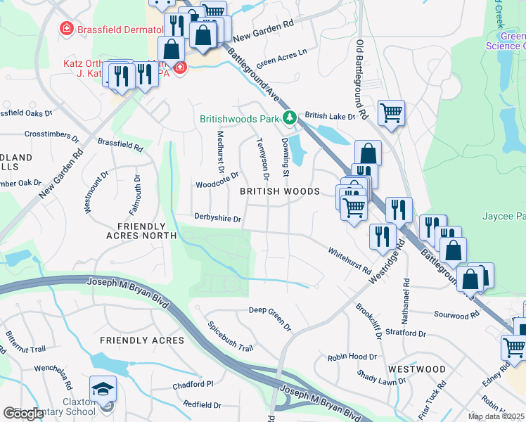 map of restaurants, bars, coffee shops, grocery stores, and more near 1904 Tennyson Drive in Greensboro