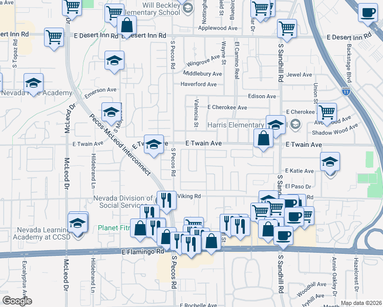 map of restaurants, bars, coffee shops, grocery stores, and more near 3756 Pilgrim Street in Las Vegas