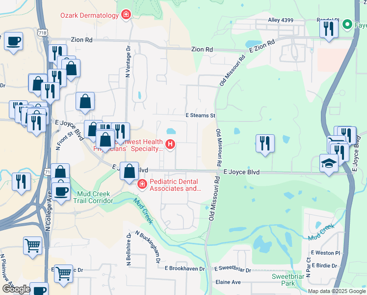 map of restaurants, bars, coffee shops, grocery stores, and more near 3900 Parkview Drive in Fayetteville