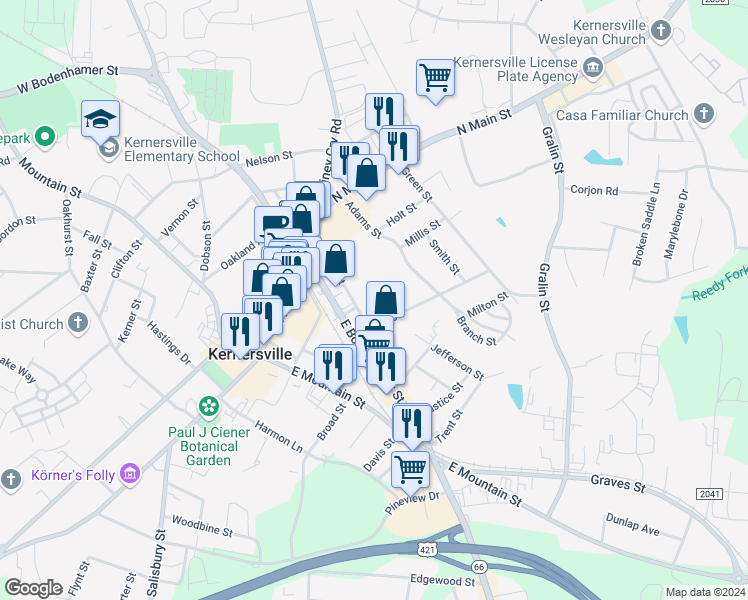 map of restaurants, bars, coffee shops, grocery stores, and more near 208 Bass Street in Kernersville
