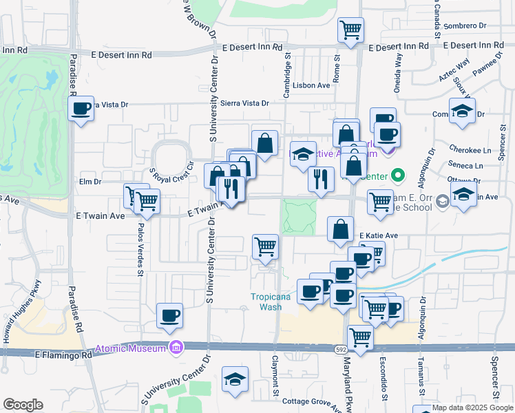 map of restaurants, bars, coffee shops, grocery stores, and more near 955 East Twain Avenue in Las Vegas