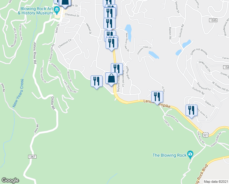 map of restaurants, bars, coffee shops, grocery stores, and more near 9239 Valley Boulevard in Blowing Rock