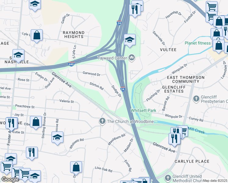 map of restaurants, bars, coffee shops, grocery stores, and more near 123 Dodge Drive in Nashville