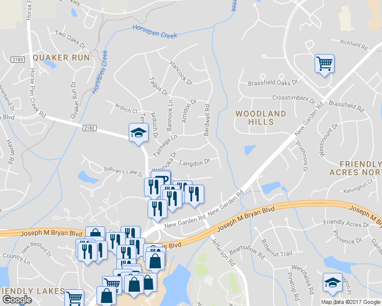 map of restaurants, bars, coffee shops, grocery stores, and more near 3811 Waynoka Drive in Greensboro