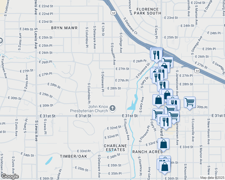 map of restaurants, bars, coffee shops, grocery stores, and more near 2827 East 29th Street in Tulsa