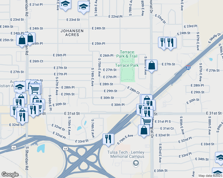 map of restaurants, bars, coffee shops, grocery stores, and more near 7463 East 29th Street in Tulsa