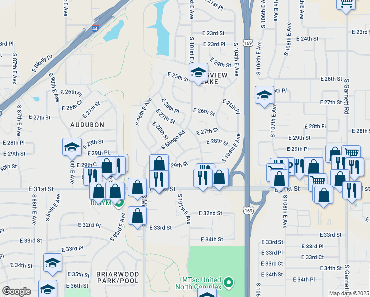 map of restaurants, bars, coffee shops, grocery stores, and more near 10005 East 28th Street in Tulsa
