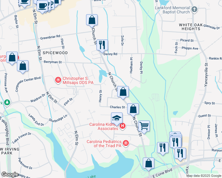 map of restaurants, bars, coffee shops, grocery stores, and more near 3211 Bach Terrace in Greensboro