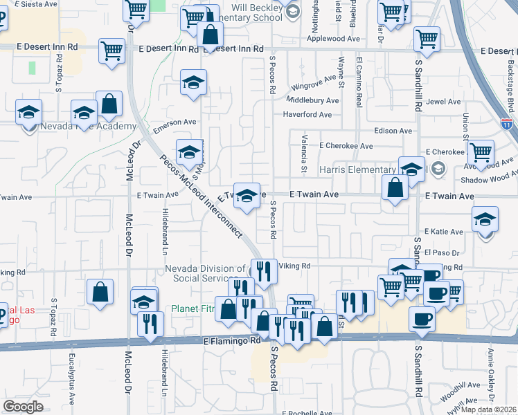map of restaurants, bars, coffee shops, grocery stores, and more near 3363 Pavlo Street in Las Vegas