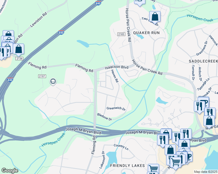 map of restaurants, bars, coffee shops, grocery stores, and more near 5608 Fellowship Drive in Greensboro