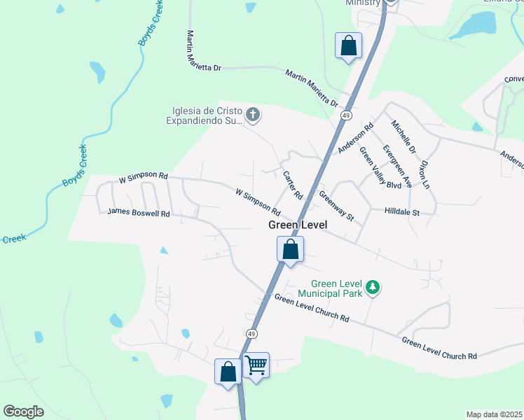 map of restaurants, bars, coffee shops, grocery stores, and more near 2317 West Simpson Road in Green Level