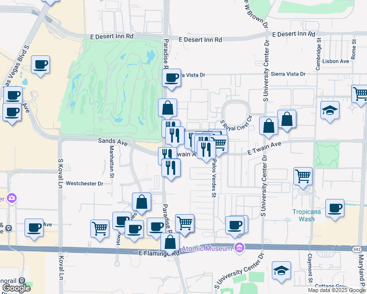map of restaurants, bars, coffee shops, grocery stores, and more near 454 East Twain Avenue in Las Vegas