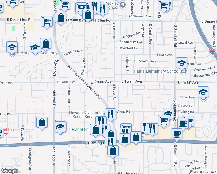 map of restaurants, bars, coffee shops, grocery stores, and more near 3363 Pavlo Street in Las Vegas
