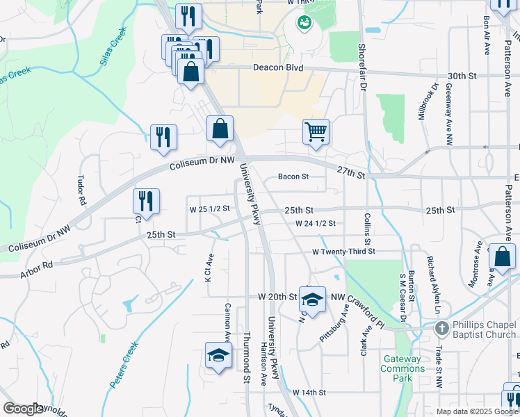 map of restaurants, bars, coffee shops, grocery stores, and more near 20 East 5th Street in Winston-Salem
