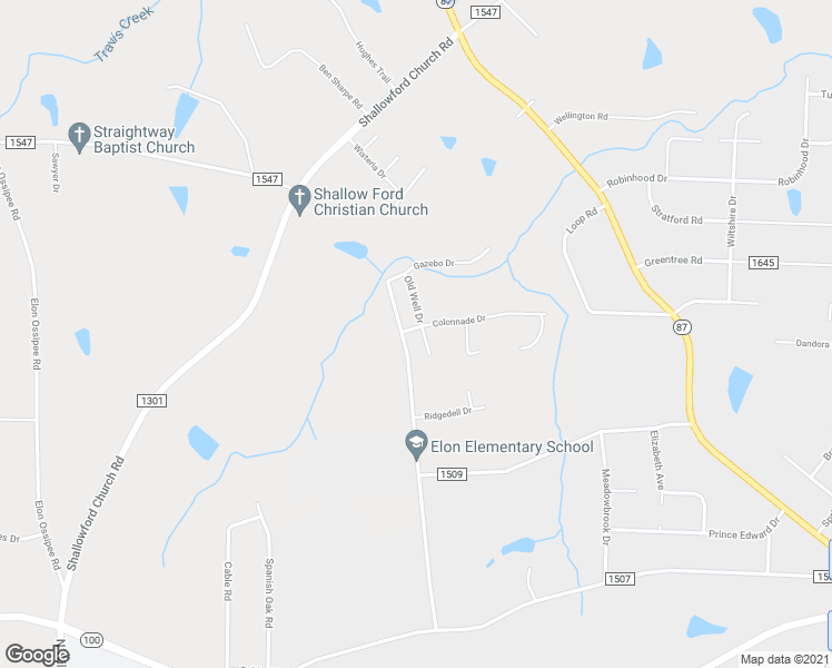 map of restaurants, bars, coffee shops, grocery stores, and more near 101 Arch Way Court in Elon