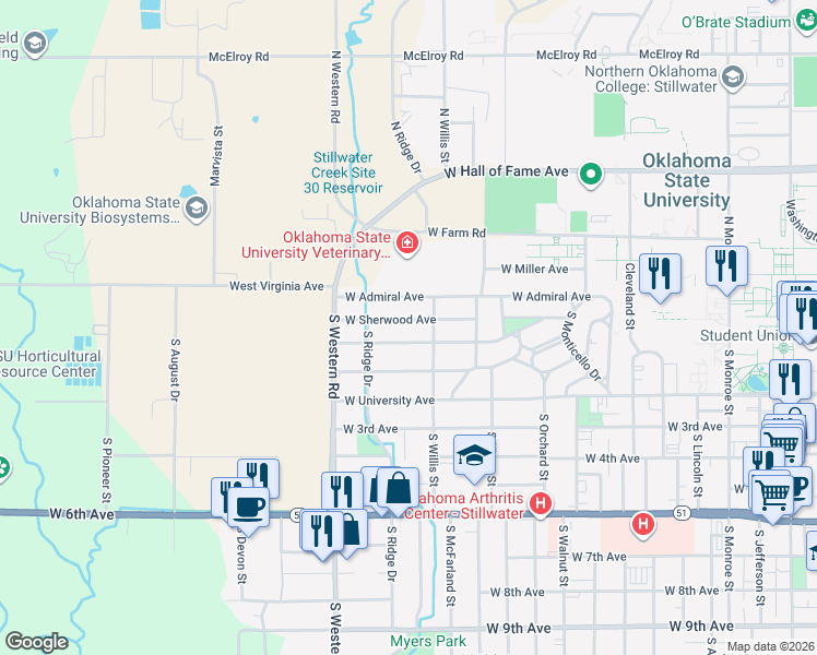 map of restaurants, bars, coffee shops, grocery stores, and more near 2119 West Sherwood Avenue in Stillwater