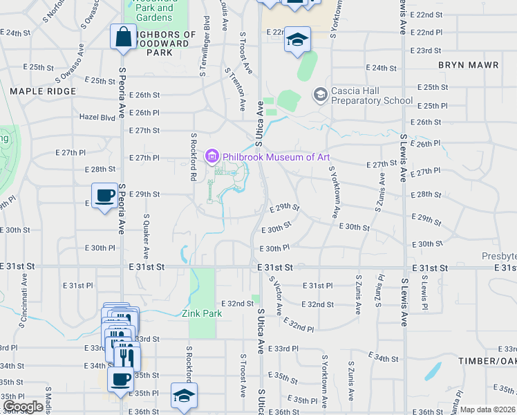 map of restaurants, bars, coffee shops, grocery stores, and more near 2894 South Utica Avenue in Tulsa