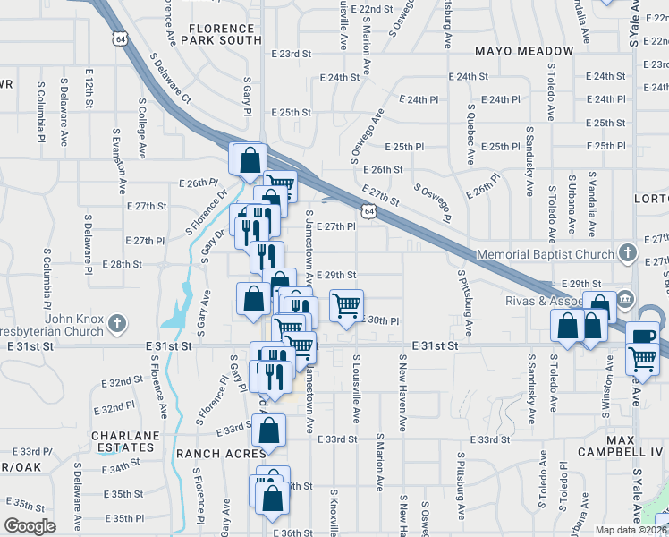 map of restaurants, bars, coffee shops, grocery stores, and more near 3527 East 29th Street in Tulsa
