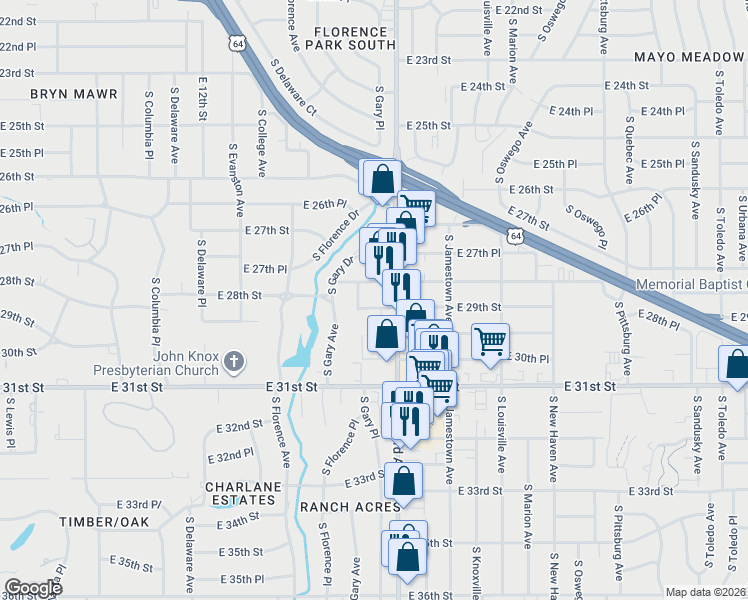map of restaurants, bars, coffee shops, grocery stores, and more near 3218 East 29th Street in Tulsa