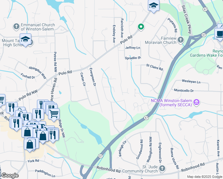 map of restaurants, bars, coffee shops, grocery stores, and more near 3126 Turkey Hill Court in Winston-Salem