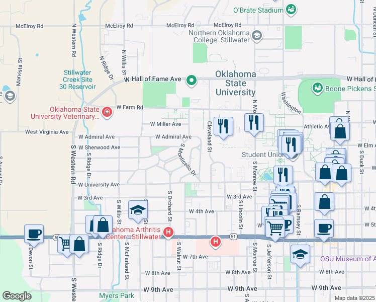 map of restaurants, bars, coffee shops, grocery stores, and more near 123 South Melrose Drive in Stillwater