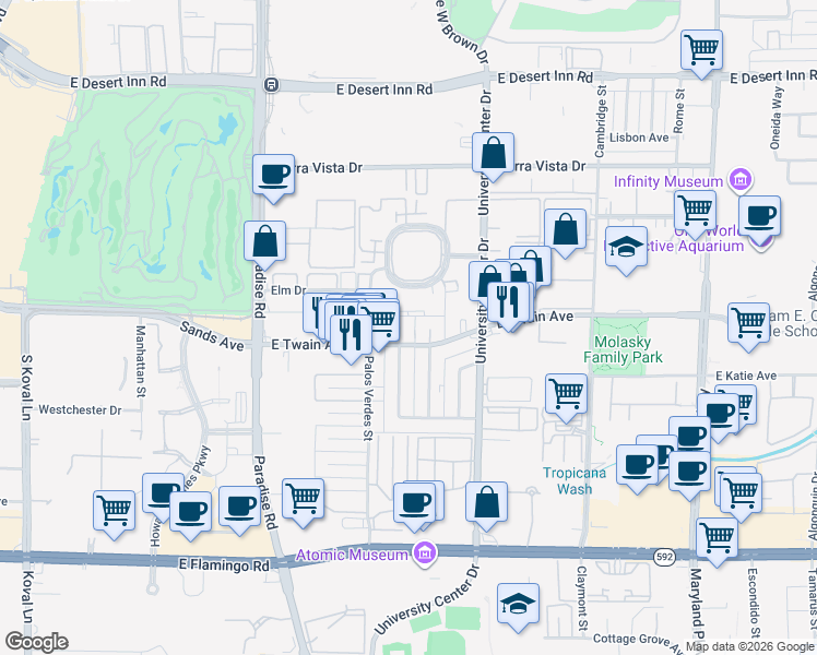 map of restaurants, bars, coffee shops, grocery stores, and more near 3720 Royal Crest Street in Las Vegas