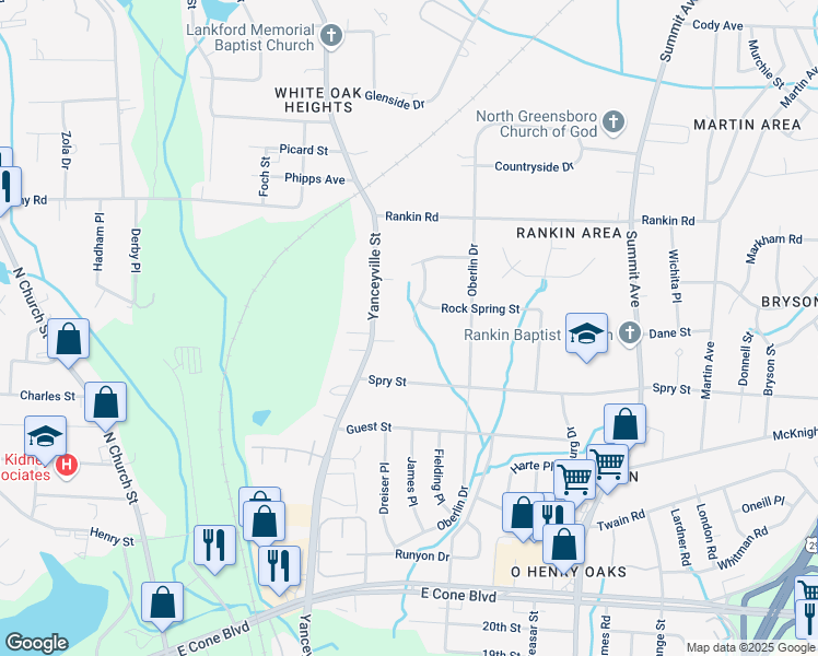 map of restaurants, bars, coffee shops, grocery stores, and more near 3309 Green Needle Drive in Greensboro