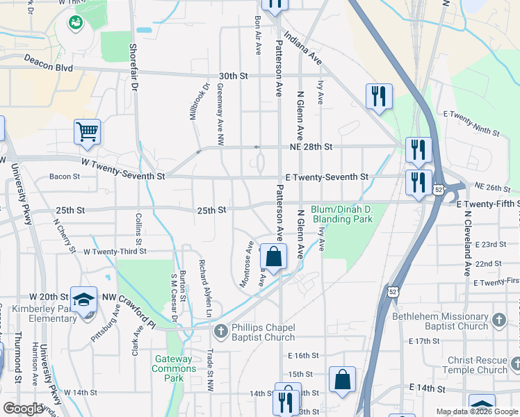 map of restaurants, bars, coffee shops, grocery stores, and more near 2424 Patterson Avenue in Winston-Salem