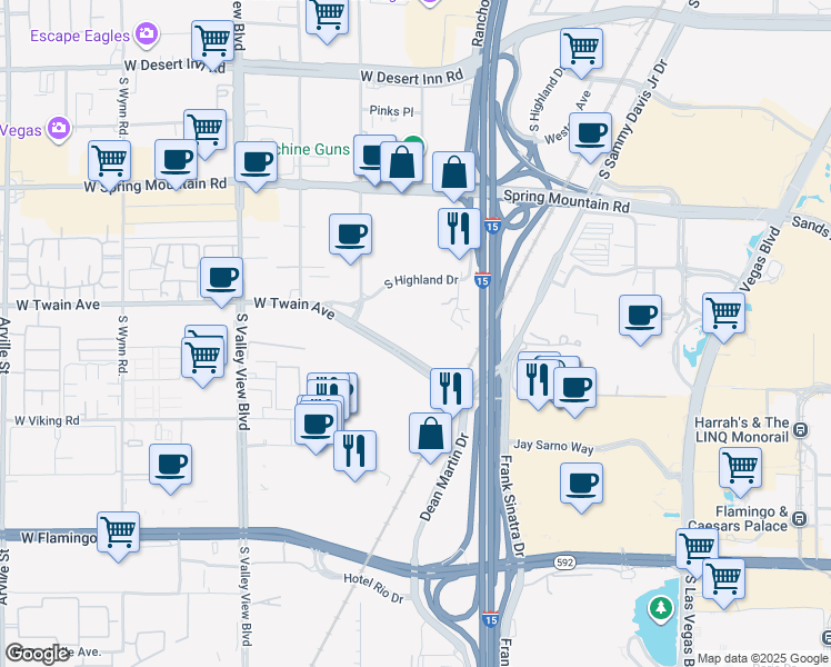 map of restaurants, bars, coffee shops, grocery stores, and more near 3150 West Twain Avenue in Las Vegas