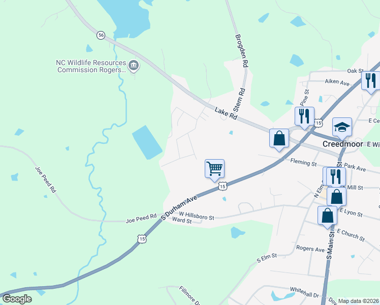 map of restaurants, bars, coffee shops, grocery stores, and more near 3104 Helen Street in Creedmoor