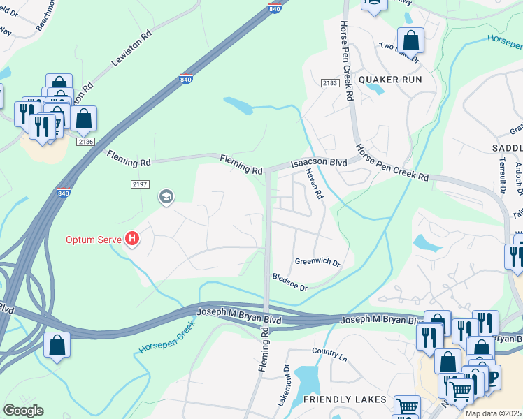 map of restaurants, bars, coffee shops, grocery stores, and more near 5646 David Christian Place in Greensboro