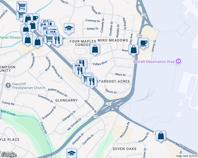 map of restaurants, bars, coffee shops, grocery stores, and more near 1208A Murfreesboro Pike in Nashville