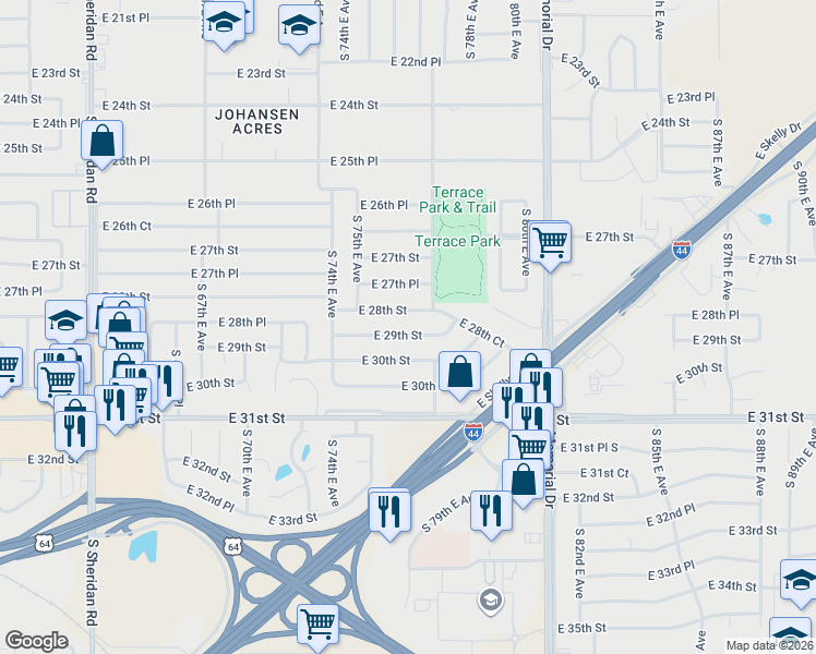 map of restaurants, bars, coffee shops, grocery stores, and more near 7474 East 29th Street in Tulsa