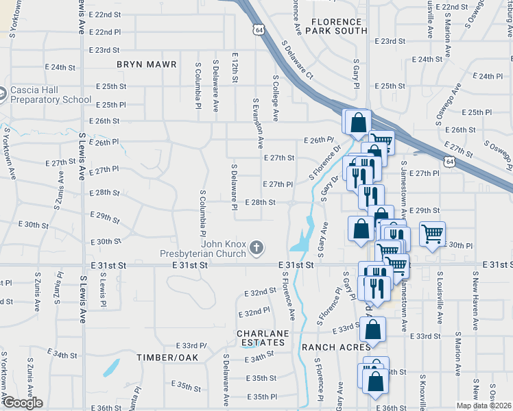 map of restaurants, bars, coffee shops, grocery stores, and more near 2827 East 29th Street in Tulsa