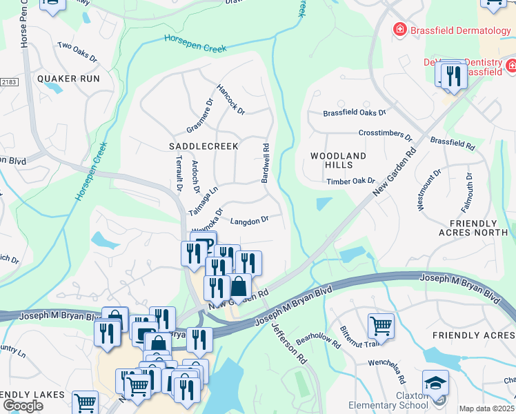 map of restaurants, bars, coffee shops, grocery stores, and more near 3804 Langdon Drive in Greensboro