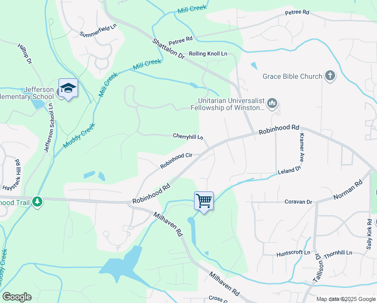 map of restaurants, bars, coffee shops, grocery stores, and more near 13 Robinhood Circle in Winston-Salem