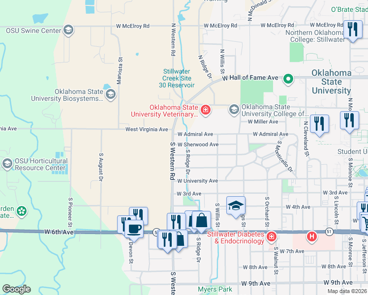 map of restaurants, bars, coffee shops, grocery stores, and more near 123 South Ridge Drive in Stillwater
