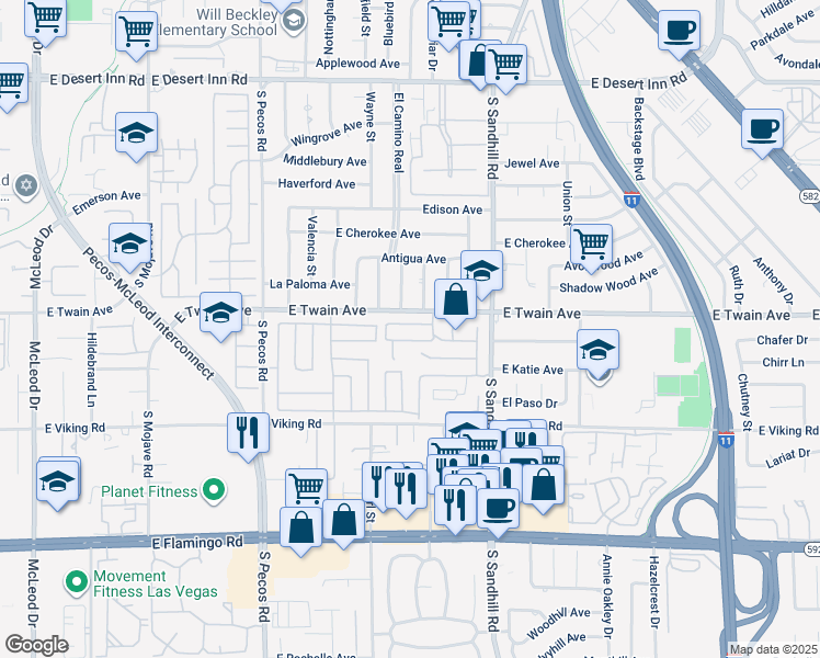 map of restaurants, bars, coffee shops, grocery stores, and more near 3655 Mount Vernon Avenue in Las Vegas