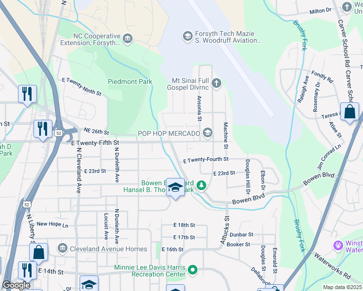 map of restaurants, bars, coffee shops, grocery stores, and more near 1921 Bowen Boulevard in Winston-Salem