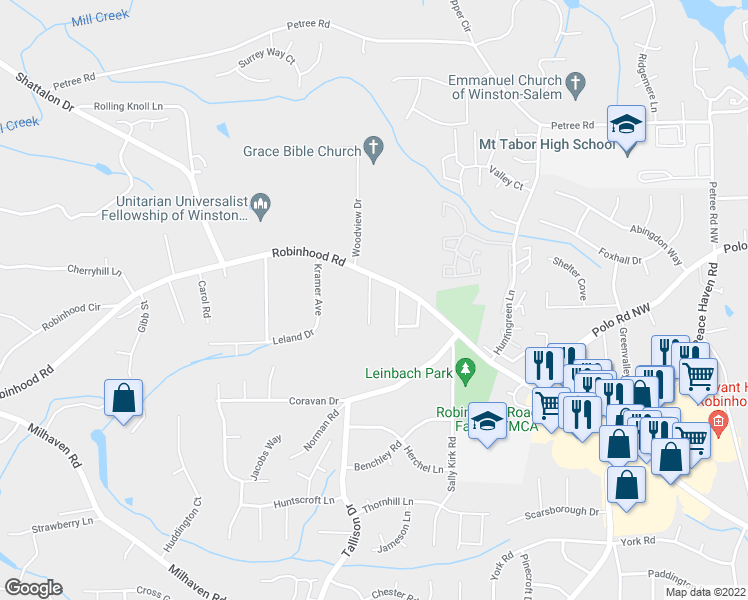 map of restaurants, bars, coffee shops, grocery stores, and more near 835 Robin Avenue in Winston-Salem