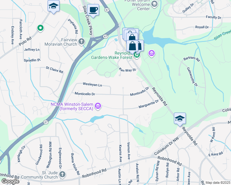map of restaurants, bars, coffee shops, grocery stores, and more near 2719 Monticello Drive in Winston-Salem